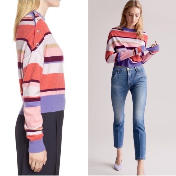 Lewit‎ XL Soft Cashmere Cropped Sweater Pink/ Purple Stripe Dropshoulder Buttons - Picture 1 of 11